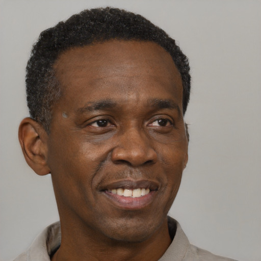 Neutral black adult male with short  black hair and brown eyes