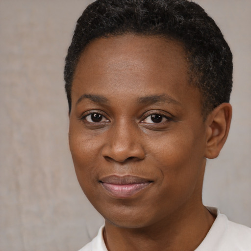 Joyful black young-adult female with short  black hair and brown eyes
