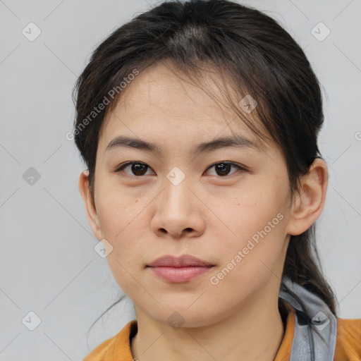 Neutral asian young-adult female with medium  brown hair and brown eyes