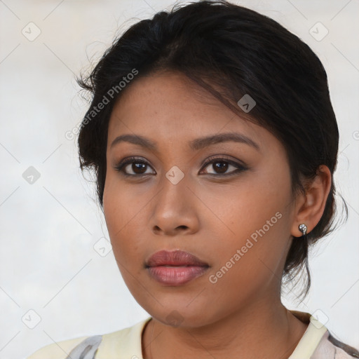 Neutral asian young-adult female with medium  brown hair and brown eyes