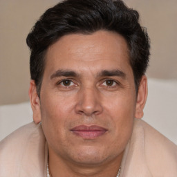 Joyful white adult male with short  brown hair and brown eyes