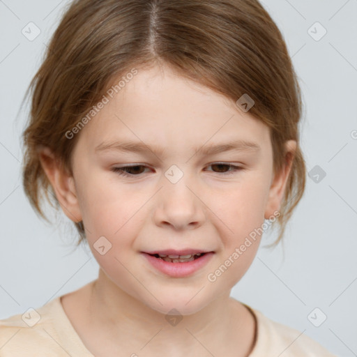 Joyful white child female with medium  brown hair and brown eyes