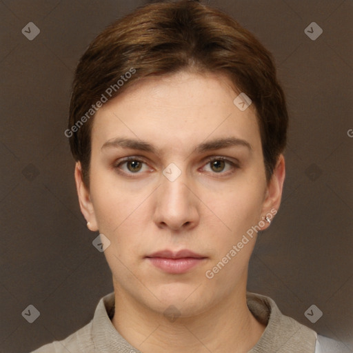 Neutral white young-adult female with short  brown hair and brown eyes