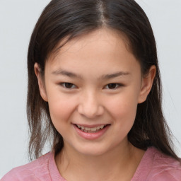 Joyful white child female with medium  brown hair and brown eyes