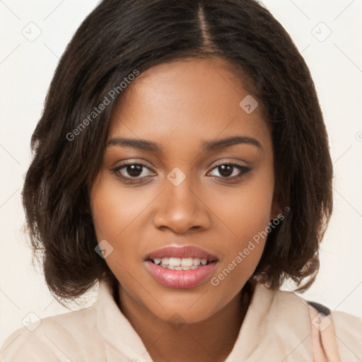 Joyful black young-adult female with long  brown hair and brown eyes