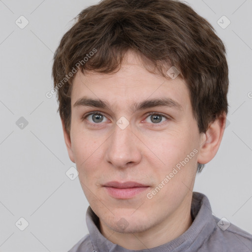 Neutral white young-adult male with short  brown hair and brown eyes