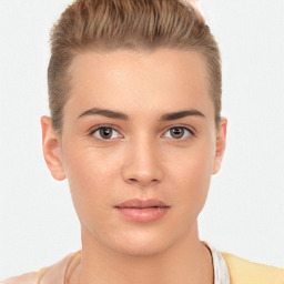 Neutral white young-adult female with short  brown hair and brown eyes