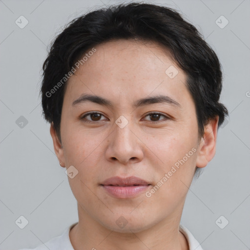 Joyful asian young-adult female with short  brown hair and brown eyes