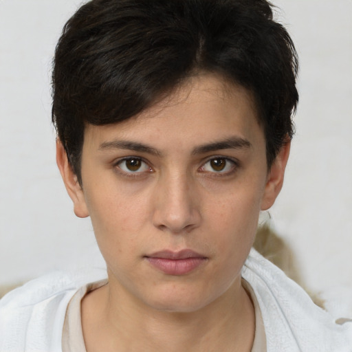 Neutral white young-adult female with short  brown hair and brown eyes