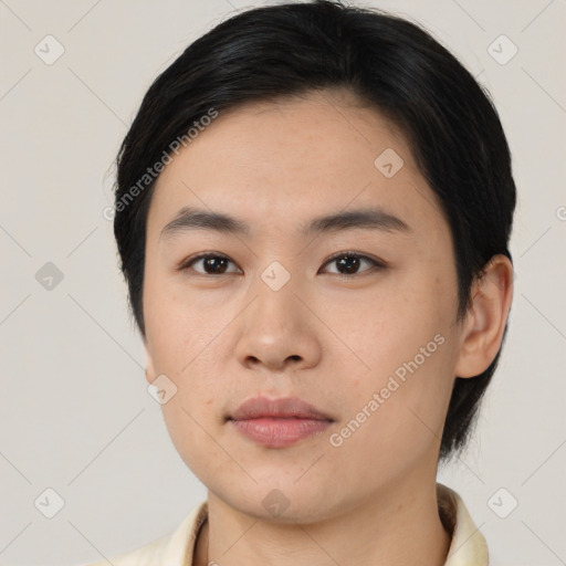 Neutral asian young-adult female with short  black hair and brown eyes