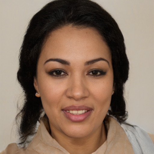 Joyful white young-adult female with medium  brown hair and brown eyes