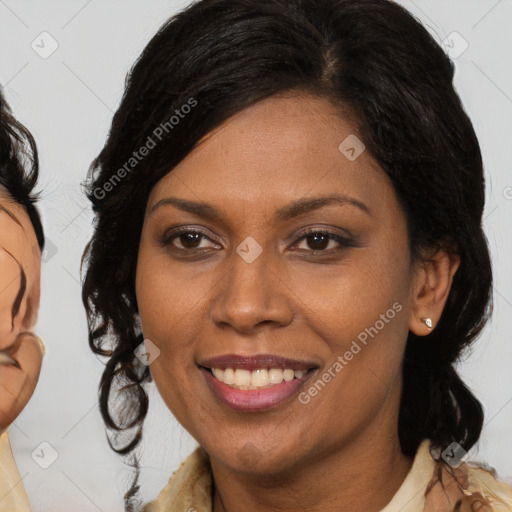 Joyful latino young-adult female with medium  brown hair and brown eyes