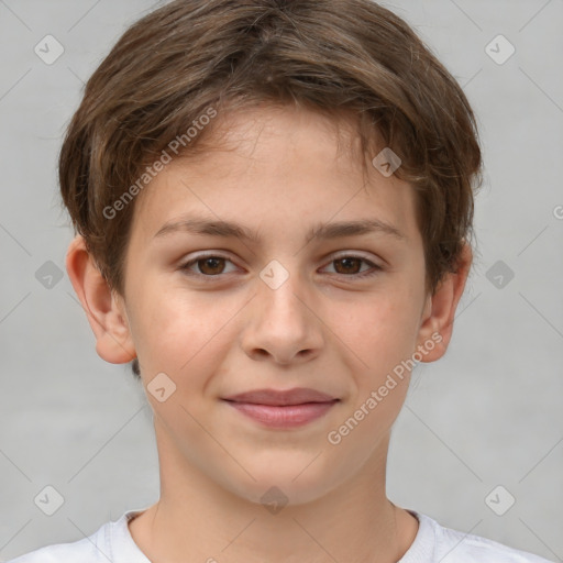 Joyful white child female with short  brown hair and brown eyes