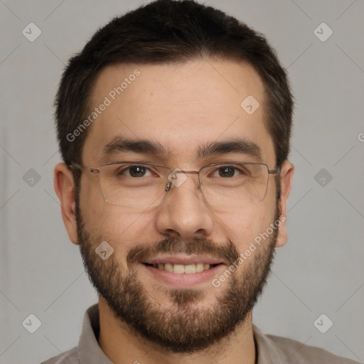 Joyful white young-adult male with short  brown hair and brown eyes