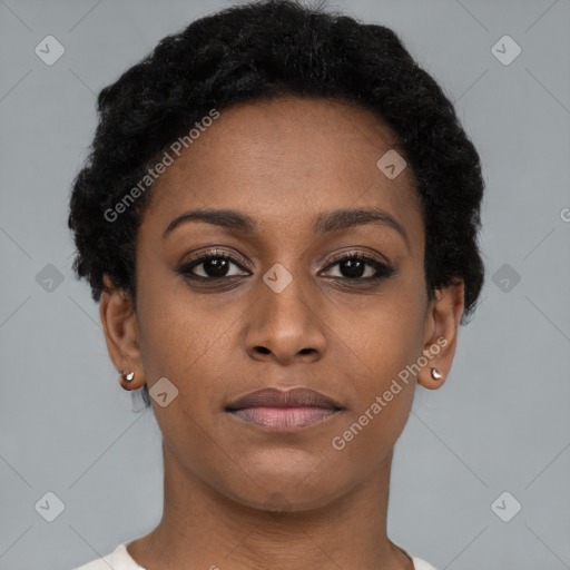 Neutral black young-adult female with short  brown hair and brown eyes