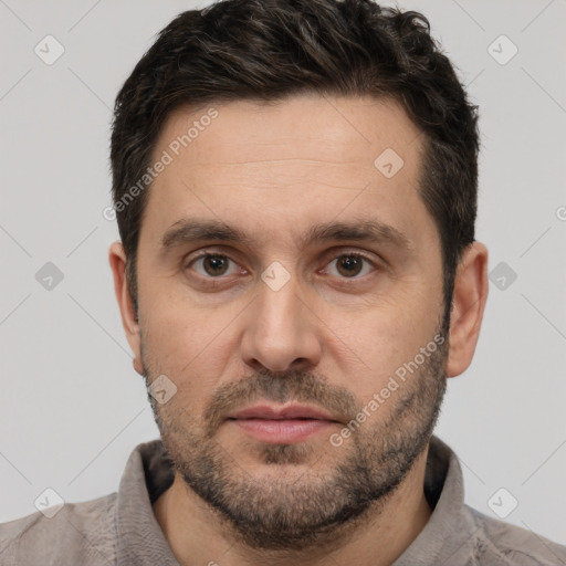 Neutral white adult male with short  brown hair and brown eyes