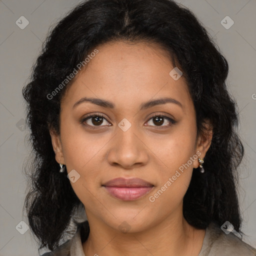 Joyful latino young-adult female with long  black hair and brown eyes