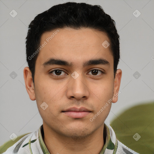 Neutral latino young-adult male with short  black hair and brown eyes