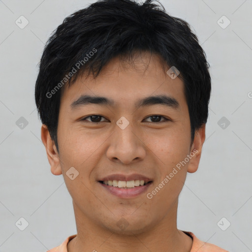 Joyful asian young-adult male with short  black hair and brown eyes