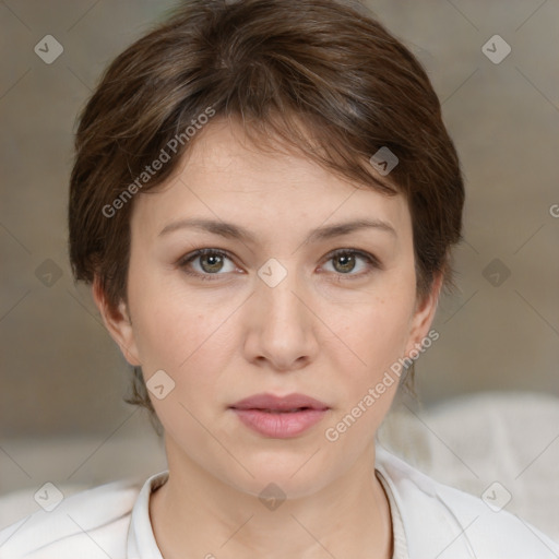 Neutral white young-adult female with medium  brown hair and brown eyes