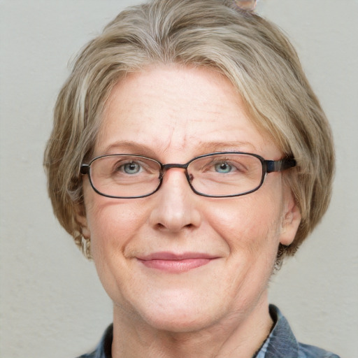 Joyful white middle-aged female with medium  brown hair and blue eyes