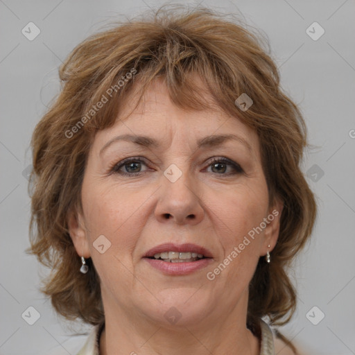 Joyful white adult female with medium  brown hair and brown eyes