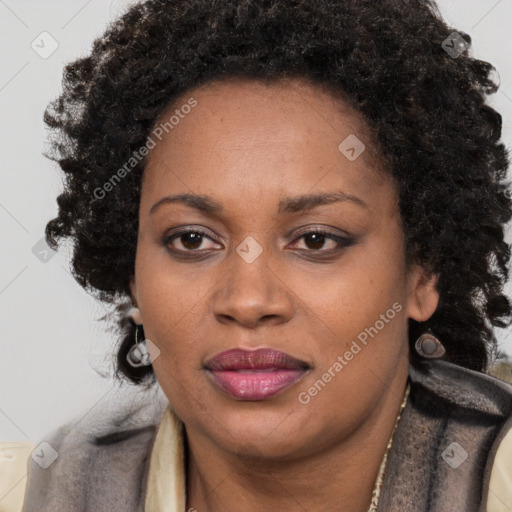 Joyful black adult female with short  brown hair and brown eyes