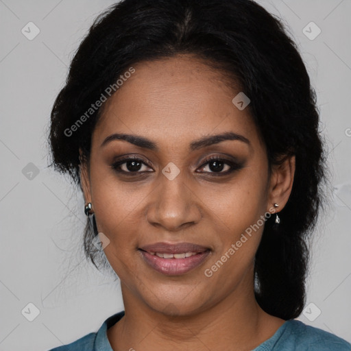 Joyful black young-adult female with medium  black hair and brown eyes