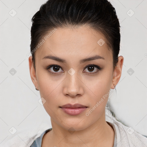 Neutral white young-adult female with short  brown hair and brown eyes