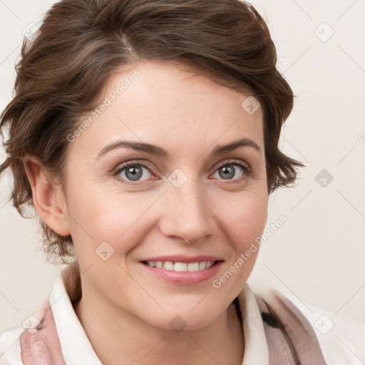 Joyful white young-adult female with medium  brown hair and blue eyes