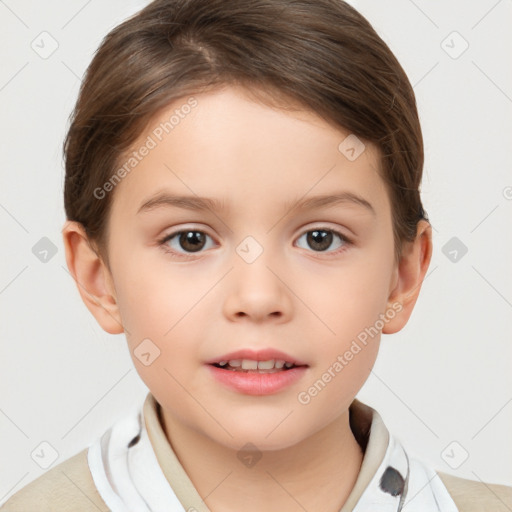 Joyful white child female with short  brown hair and brown eyes