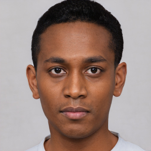 Neutral black young-adult male with short  black hair and brown eyes