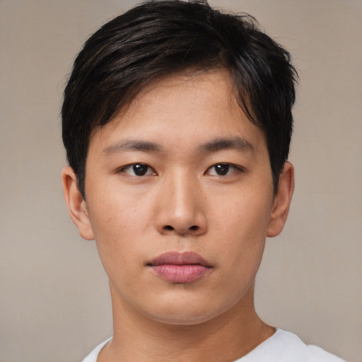 Neutral asian young-adult male with short  black hair and brown eyes