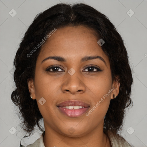 Joyful black young-adult female with medium  brown hair and brown eyes