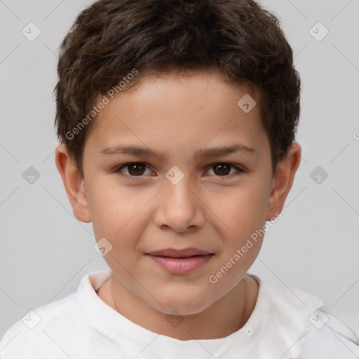 Joyful white child male with short  brown hair and brown eyes