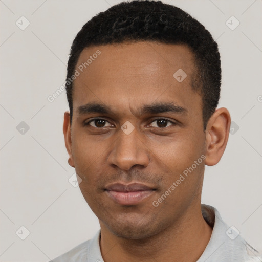 Neutral latino young-adult male with short  black hair and brown eyes