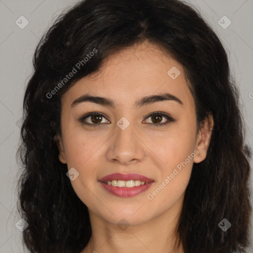 Joyful latino young-adult female with long  brown hair and brown eyes