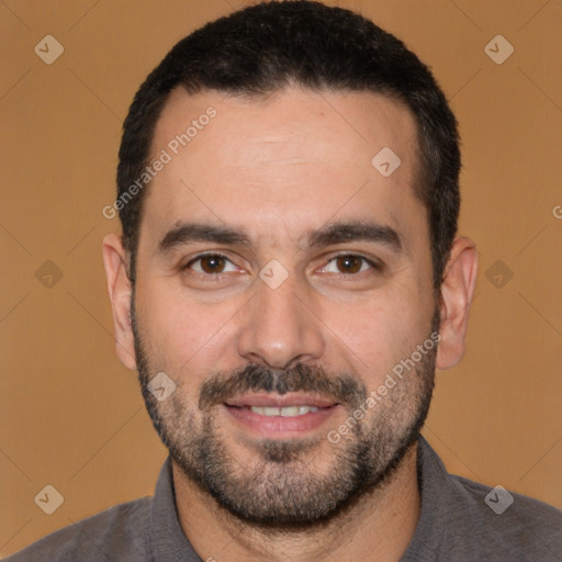 Joyful white young-adult male with short  black hair and brown eyes