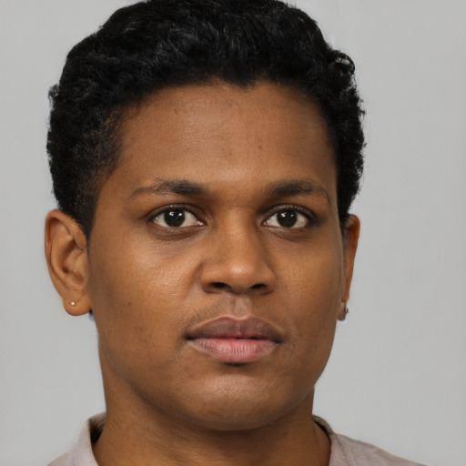Neutral black young-adult male with short  black hair and brown eyes