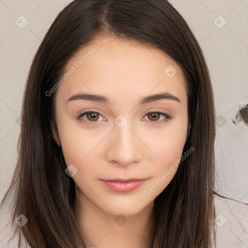 Neutral white young-adult female with long  brown hair and brown eyes