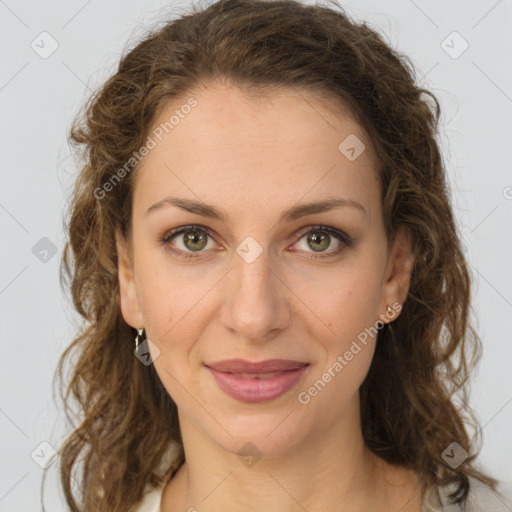 Joyful white young-adult female with medium  brown hair and green eyes