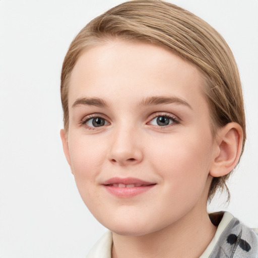 Joyful white child female with medium  brown hair and blue eyes