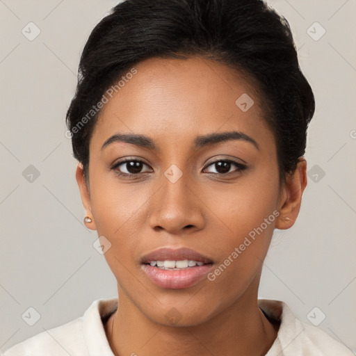 Joyful latino young-adult female with short  brown hair and brown eyes