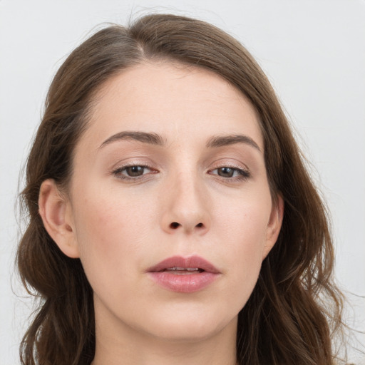 Neutral white young-adult female with long  brown hair and grey eyes