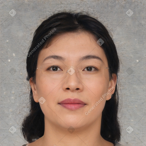 Neutral asian young-adult female with medium  brown hair and brown eyes