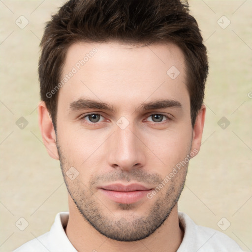 Neutral white young-adult male with short  brown hair and brown eyes