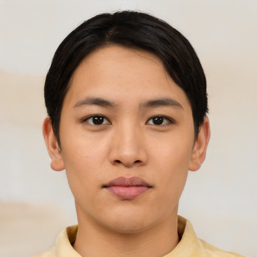 Neutral asian young-adult male with short  black hair and brown eyes