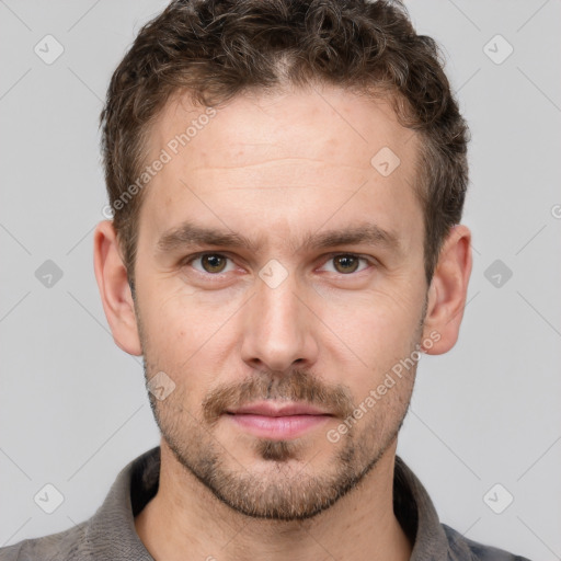 Neutral white young-adult male with short  brown hair and grey eyes