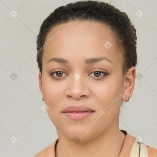 Neutral black young-adult female with short  brown hair and brown eyes