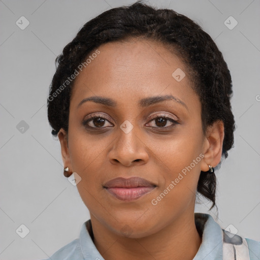 Joyful latino young-adult female with short  black hair and brown eyes